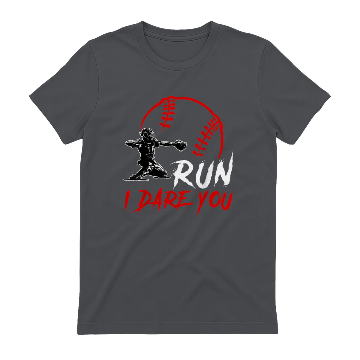Run Steal I Dare You Humor Baseball Catcher Vintage T-Shirt in Charcoal - back view