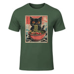 Unisex Anime Cat Ramen Japanese Funny Graphic Tees Kawaii Cat Anime Gifts T-Shirt Black XS in Military Green - front view