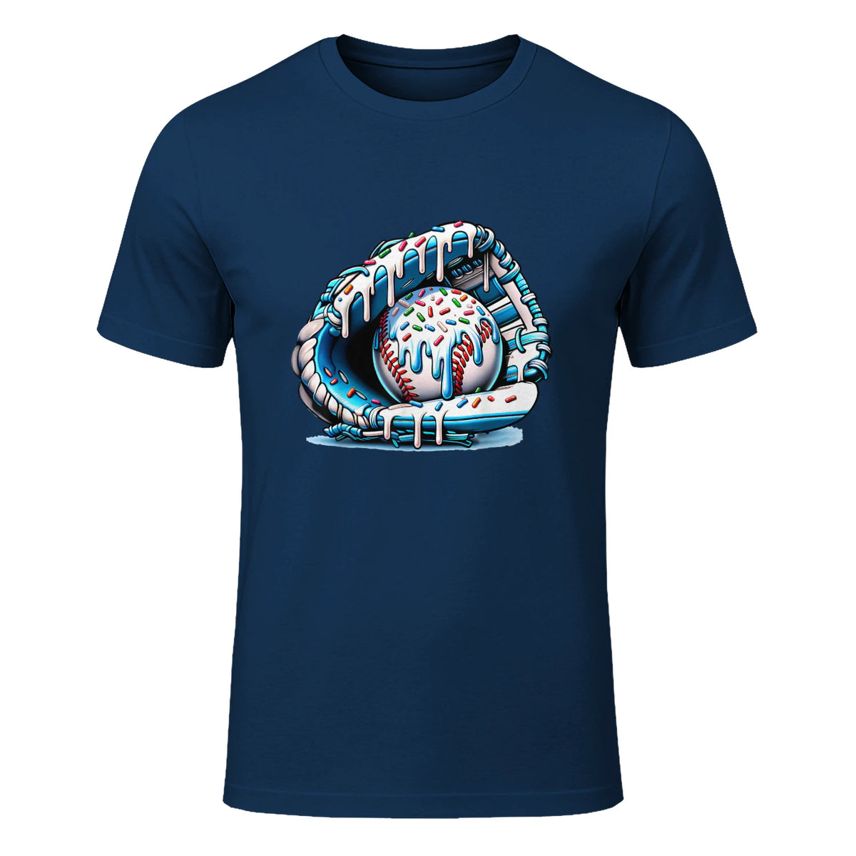 Baseball Drip Ice Cream Sprinkles Baseball Glove T-Shirt in Navy - front view