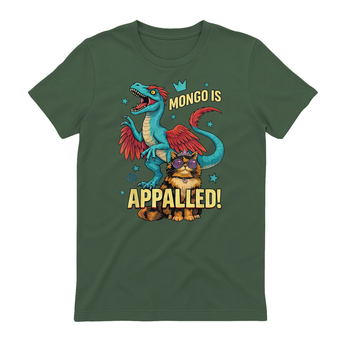 Retro Mongo is Appalled Princess Cat Riding Dinosaur Womens T-Shirt in Military Green - back view