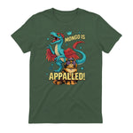 Retro Mongo is Appalled Princess Cat Riding Dinosaur Womens T-Shirt in Military Green - back view
