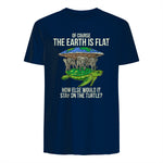Flat Earth Society T Shirt Turtle Elephants Men Women Gift in Navy - back view