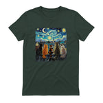 Funny Cat Starry Night Van Gogh Cats Rooftop Scene Feline T-Shirt in Forest Green - back view