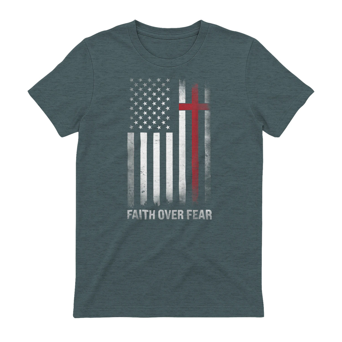 Christian US USA Flag American Christ Faith Over Fear Cross T-Shirt in Dark Heather - back view