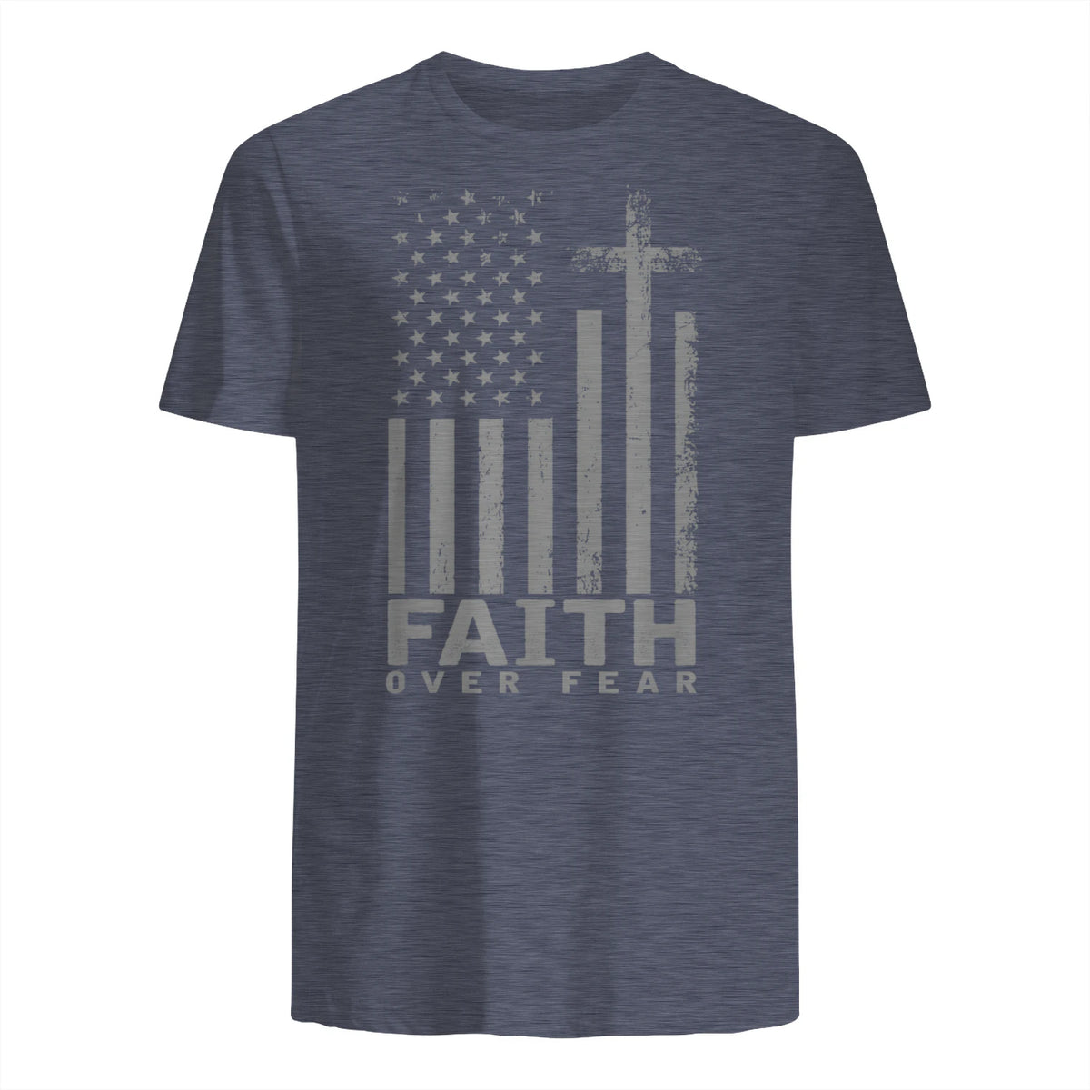 America Pride US Flag Faith Over Fear Prayer T-Shirt in Heather Navy - back view