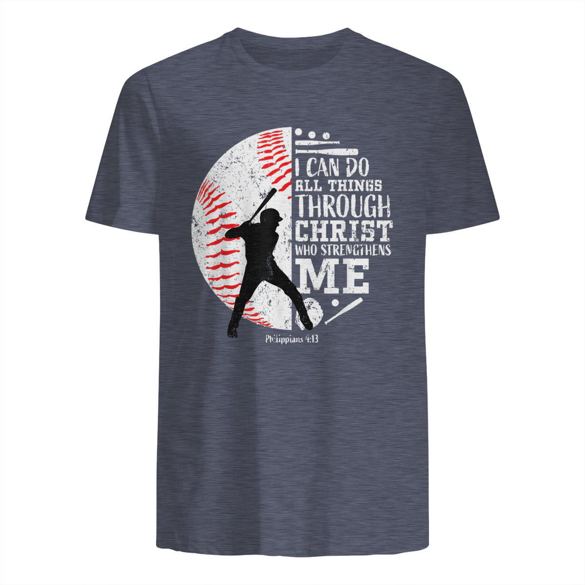 Philippians Four Thirteen Baseball Player Graphic with Bible Verse T-Shirt in Heather Navy - back view