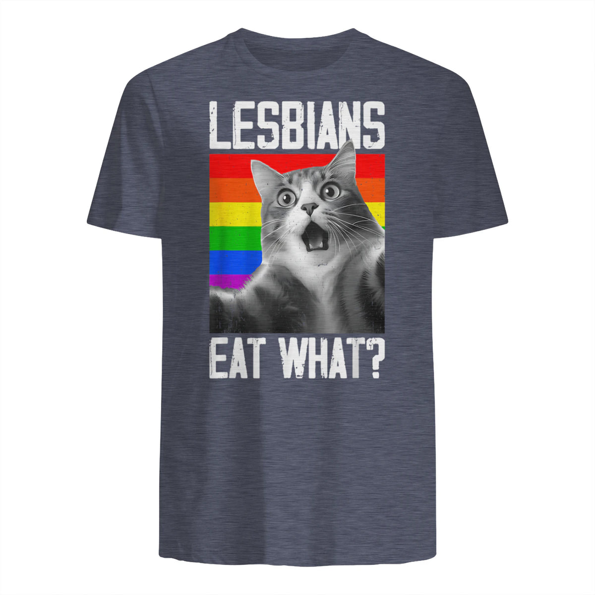 Lesbians Eat What? LGBT Lesbian Girlfriend Funny Cat Gift T-Shirt in Heather Navy - back view
