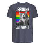 Lesbians Eat What? LGBT Lesbian Girlfriend Funny Cat Gift T-Shirt in Heather Navy - back view