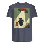 Vintage Japanese Cat Alien Cat Dad UFO Abduction Graphic Tee T-Shirt in Heather Navy - back view