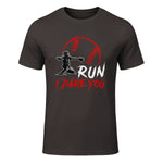 Run Steal I Dare You Humor Baseball Catcher Vintage T-Shirt in Dark Chocolate - front view