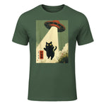 Vintage Japanische Katze Alien Cat Dad UFO Abduktion Graphic Tee T-Shirt in Military Green - front view