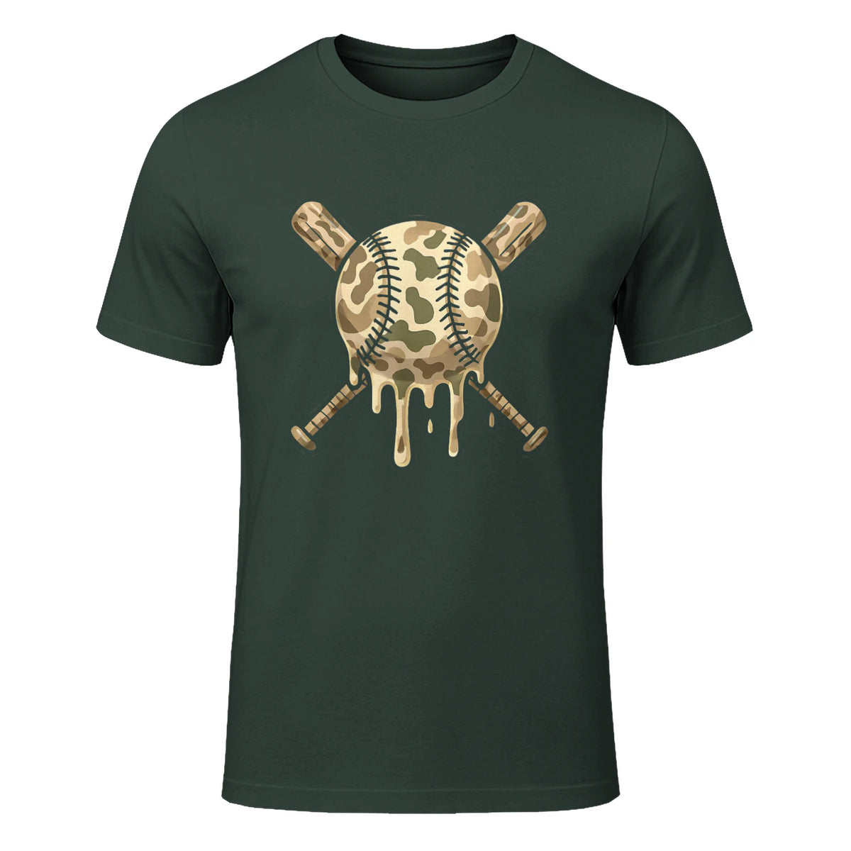 Baseball Drip Camo Baseball Bats Boys Sports Cool Game Day T-Shirt in Forest Green - front view