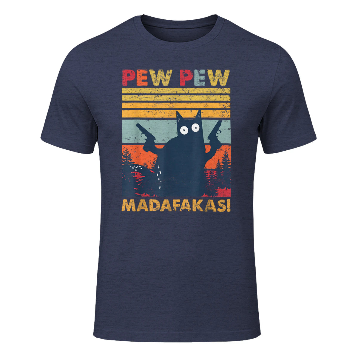 Pew Pew Madafakas Vintage verrückte Katze lustige Grafik in Heather Navy - front view