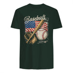American Flag Baseball Player Bat Fan Catcher Pitcher USA T-Shirt in Forest Green - back view