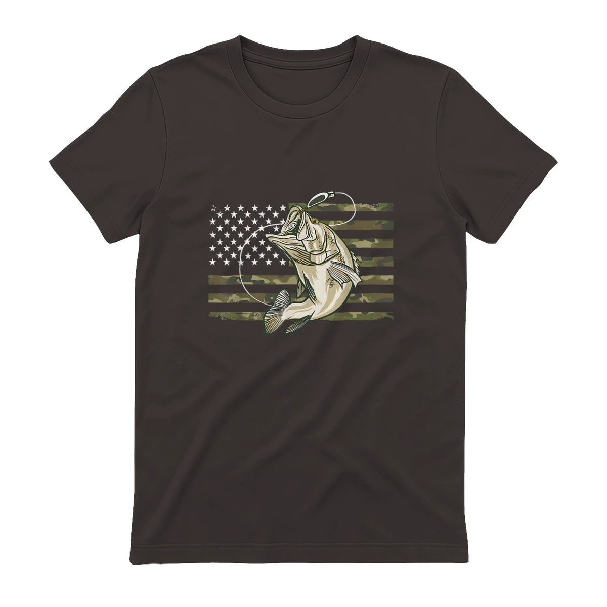 Fishing Camouflage US American Flag Bass Fish Fisherman Camo T-Shirt in Dark Chocolate - back view