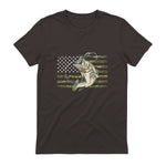 Fishing Camouflage US American Flag Bass Fish Fisherman Camo T-Shirt in Dark Chocolate - back view