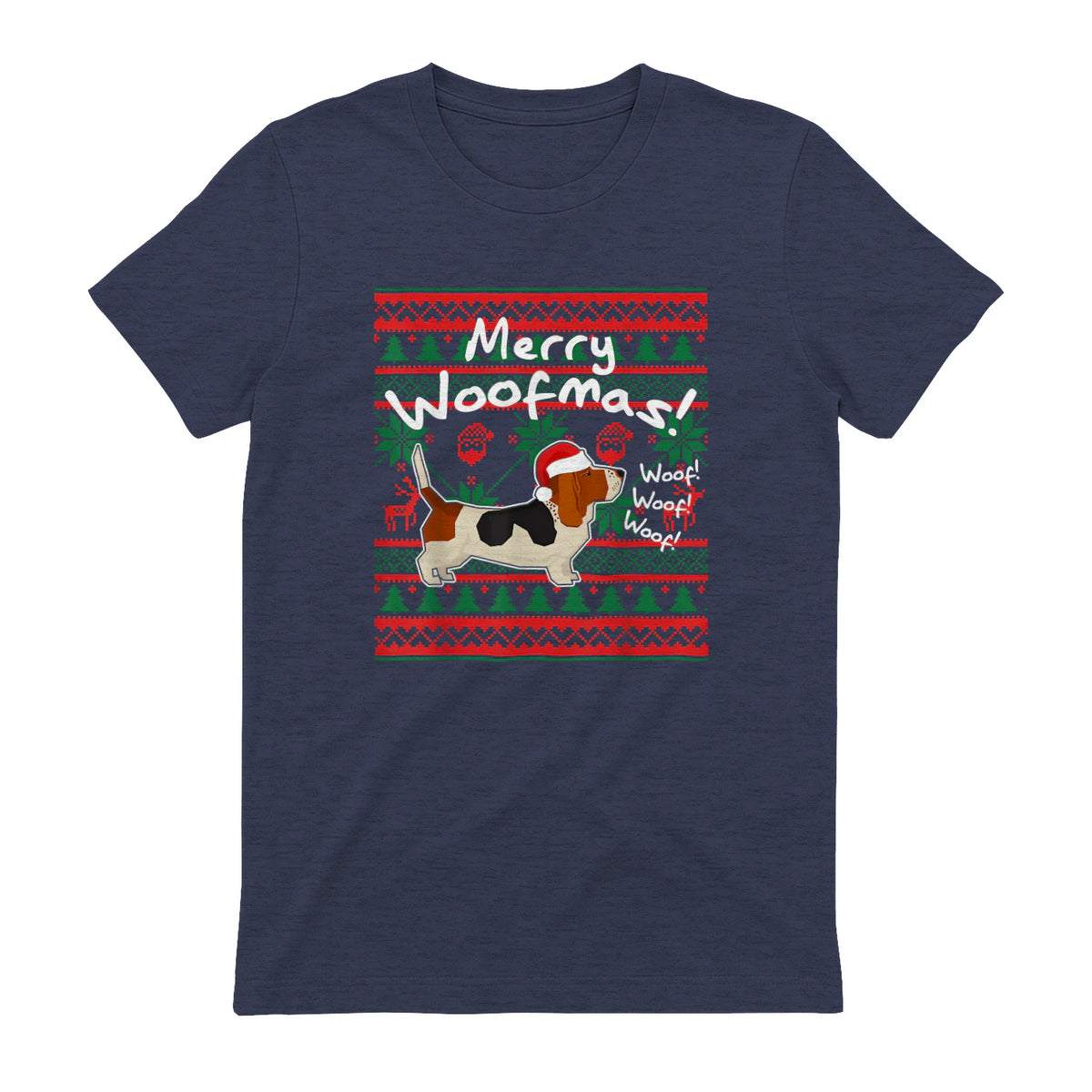 Basset Hound Chemise de Noël Merry Woofmas Père Noël Chien in Heather Navy - back view