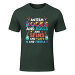Autism Rocks Rolls Spins Flaps Awareness Boys Kids Women Men in Forest Green - front view