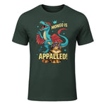 Retro Mongo is Appalled Princess Cat Riding Dinosaur Womens T-Shirt in Forest Green - front view