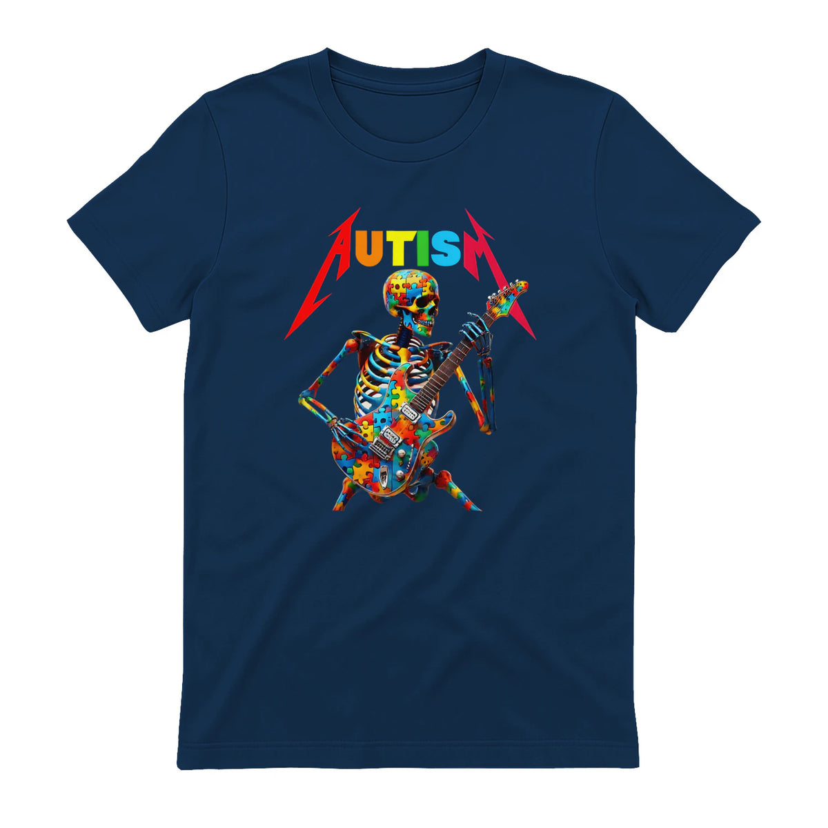 Autism Skeleton Guitar Player Rock Music Autism Awareness in Navy - back view