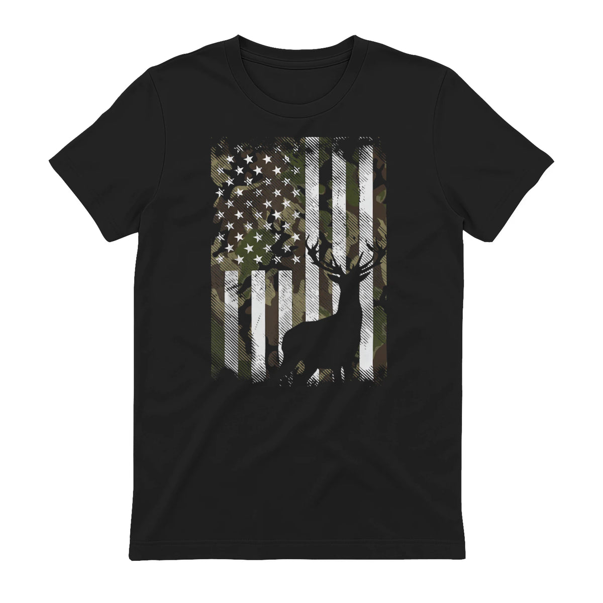 Camo US Flag Deer Elk Buck Camoflage Hunting Hunter Dad Gift Short Sleeve in Black - back view