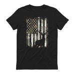 Camo US Flag Deer Elk Buck Camoflage Hunting Hunter Dad Gift Short Sleeve in Black - back view