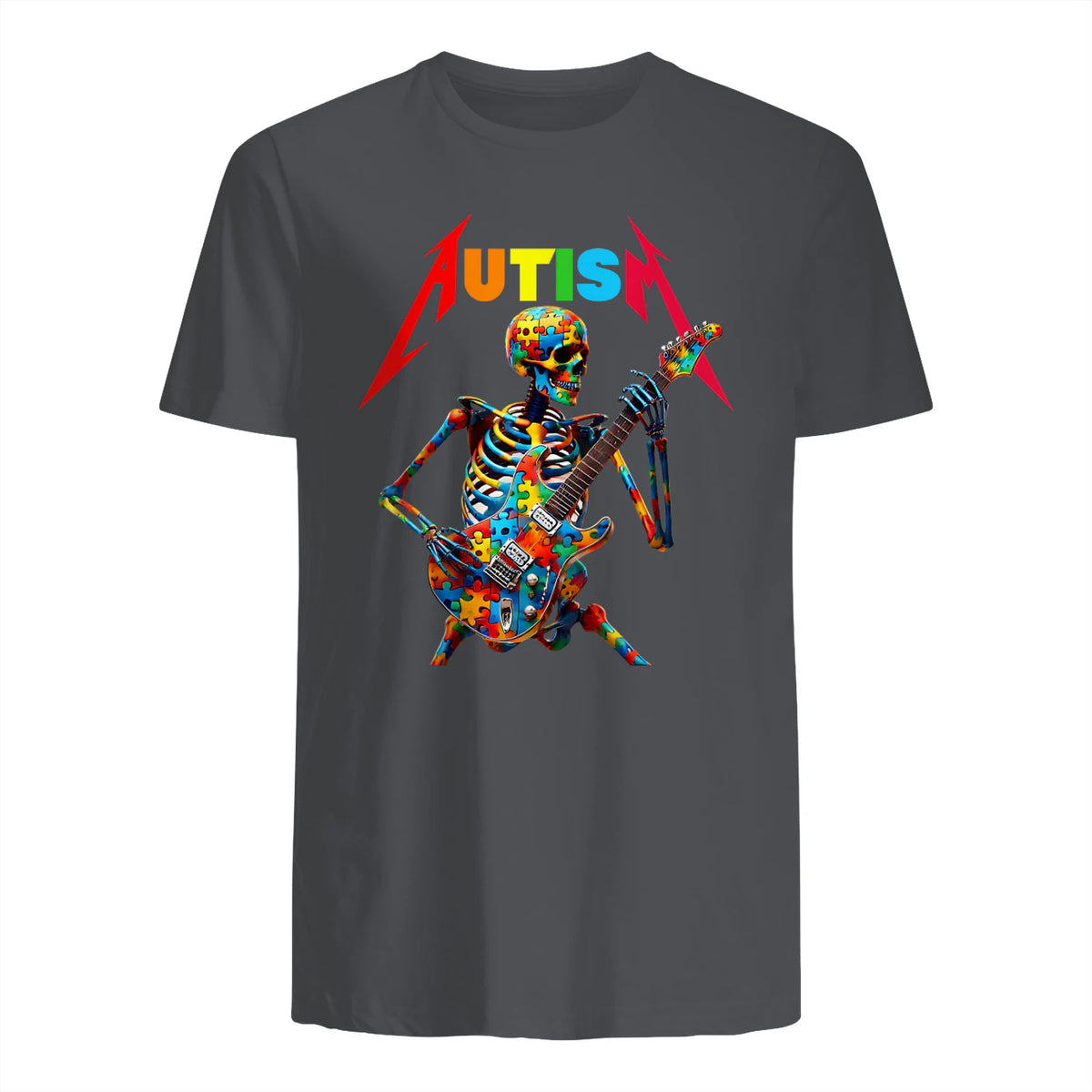 Autism Skeleton Guitar Player Rock Music Autism Awareness in Charcoal - back view