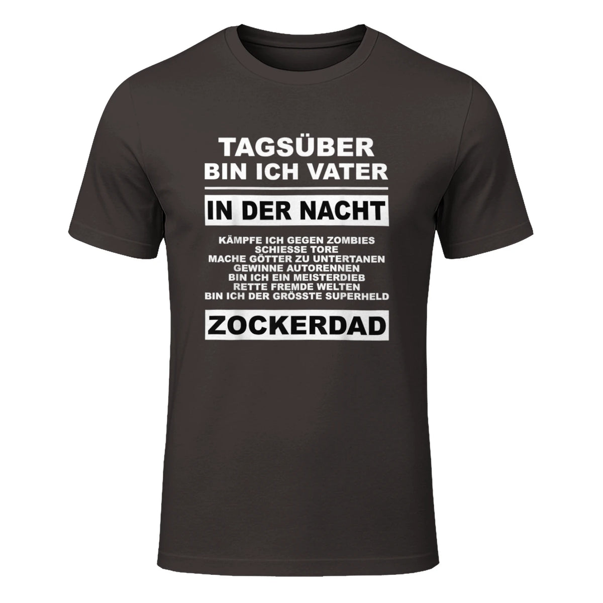 Zockerdad PC Spiele Gaming Zocken Konsole T-Shirt in Dark Chocolate - front view