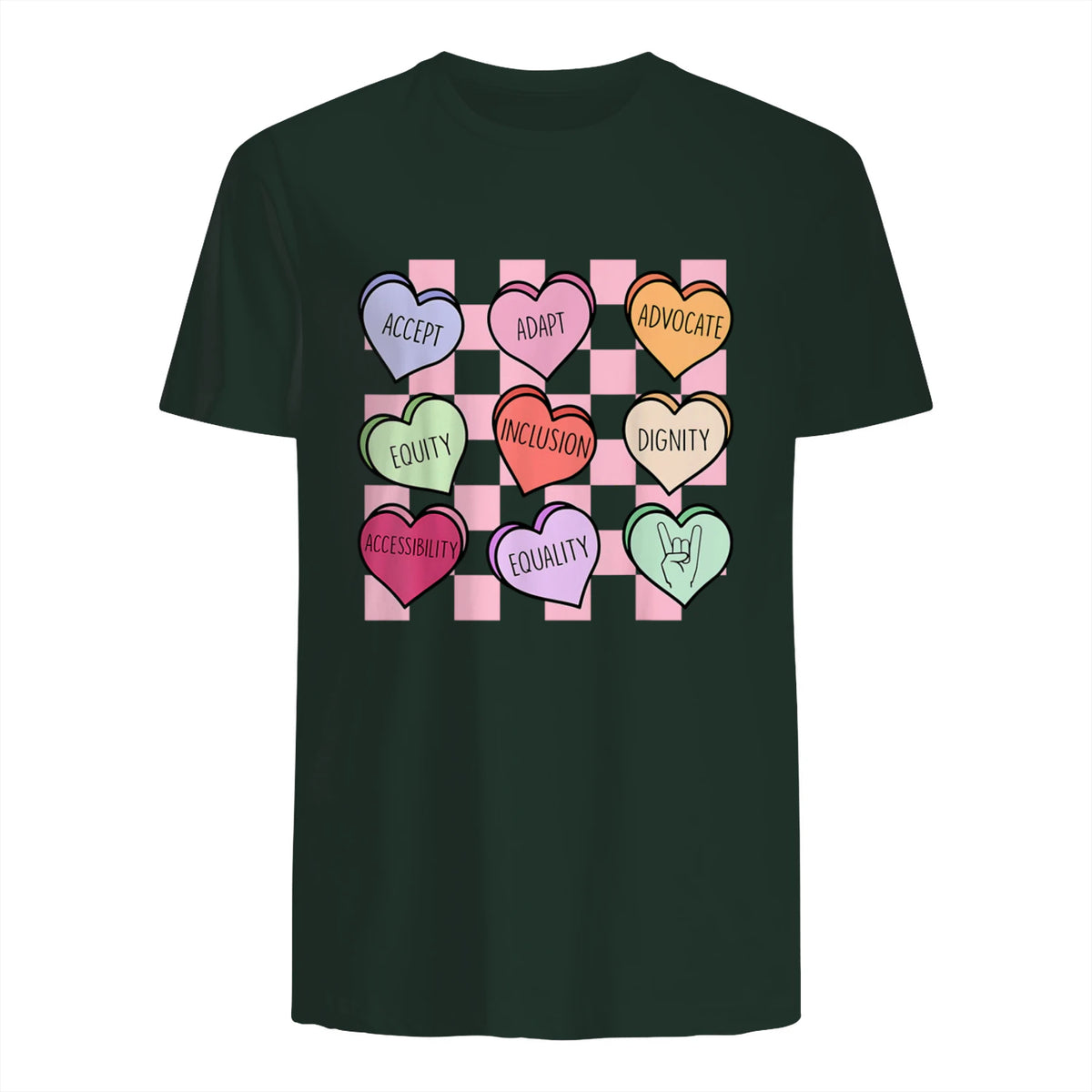 Special Education Teacher Candy Heart Valentines Day Love T-Shirt in Forest Green - back view