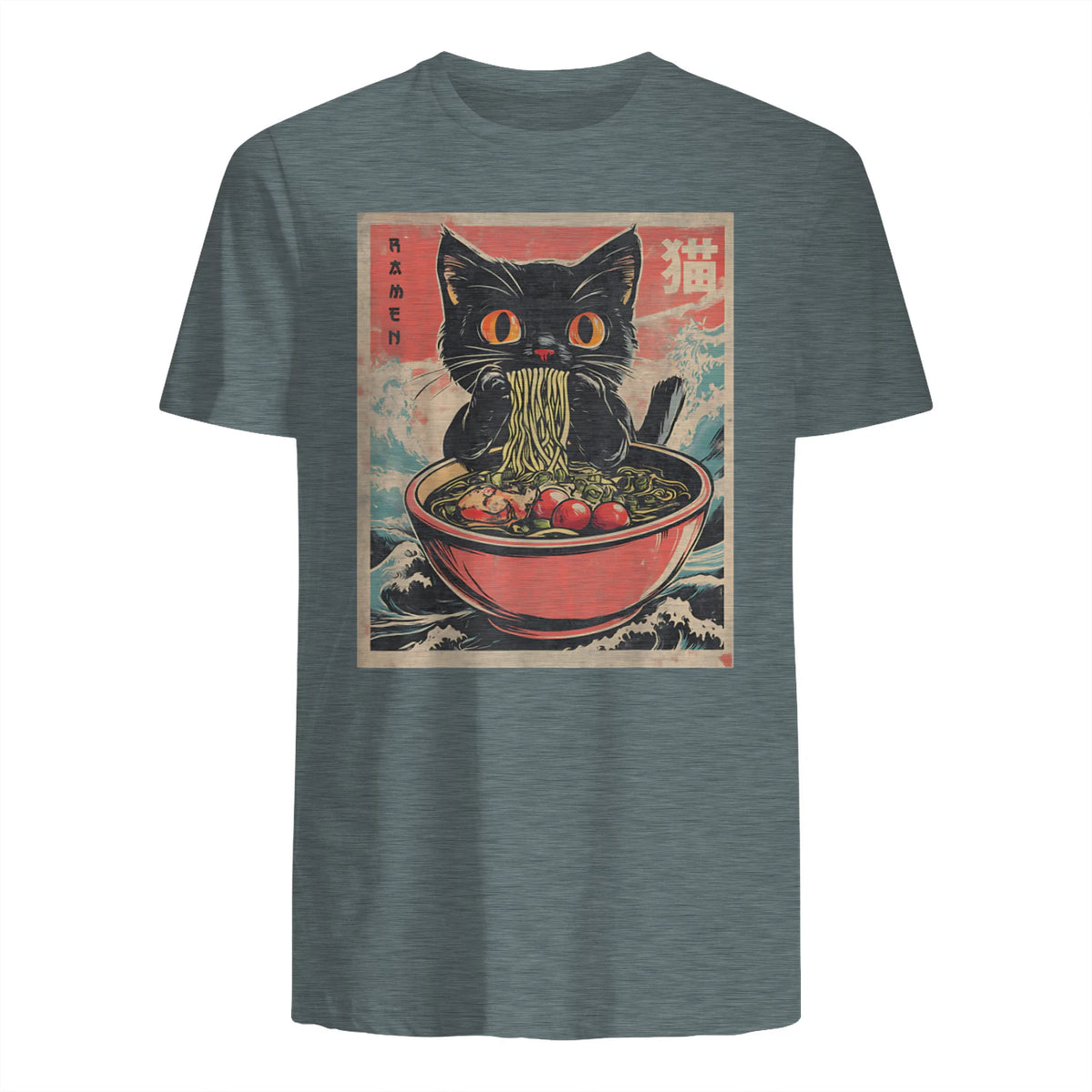 Unisex Adults Cat Ramen Japanese Funny Graphic Tees Kawaii Cat Anime Gifts T-Shirt in Dark Heather - back view