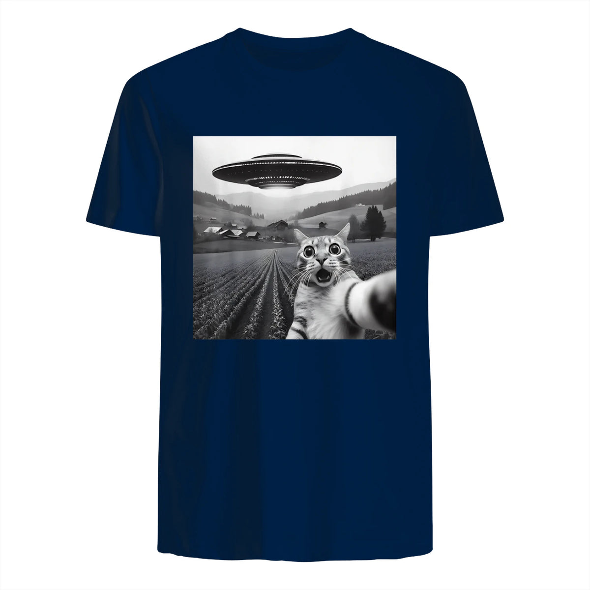 Cat Selfie With Alien UFO Funny Cat Gifts For Men Women Kid T-Shirt in Navy - back view