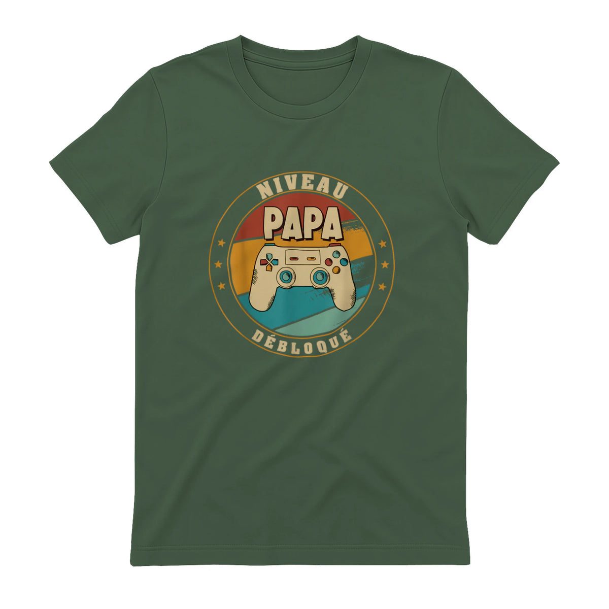 Nouveau Papa Parents Humour Gamer Nouvelle Naissance Annonce T-Shirt in Military Green - back view