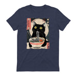 Kawaii Cat Eating Ramen Noodles Funny Anime Gift Girls Teens T-Shirt in Heather Navy - back view
