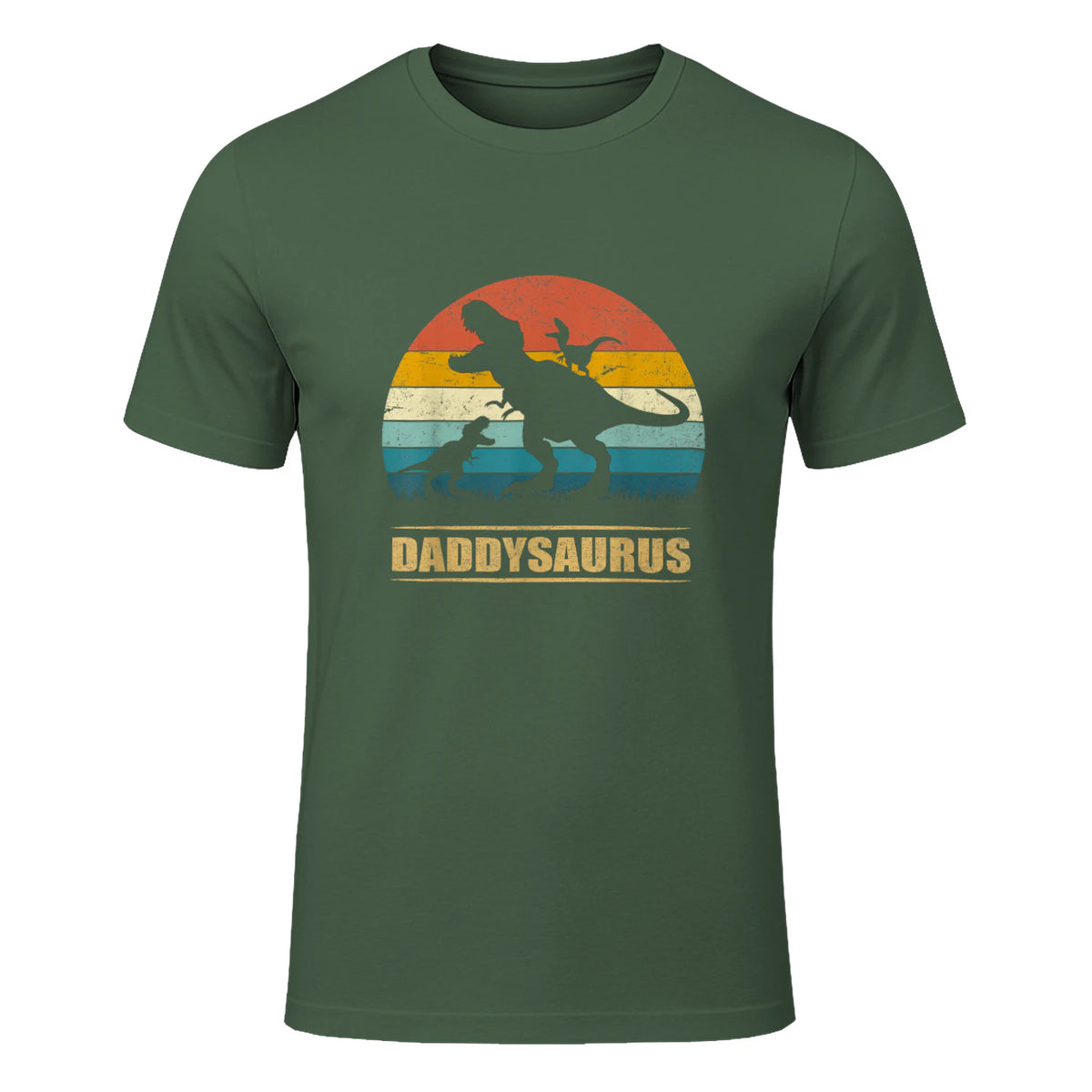 Daddy Dinosaur Daddysaurus Two Kids Funny Father's Day T-Shirt in Military Green - front view