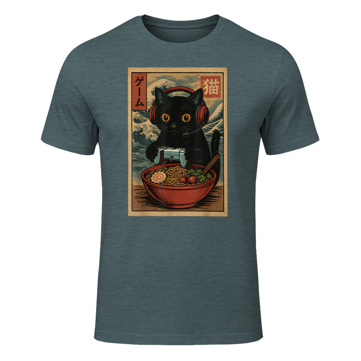 Cute Kawaii Gamer Cat Funny Ramen Retro Japanese Cat Gaming T-Shirt in Dark Heather - front view