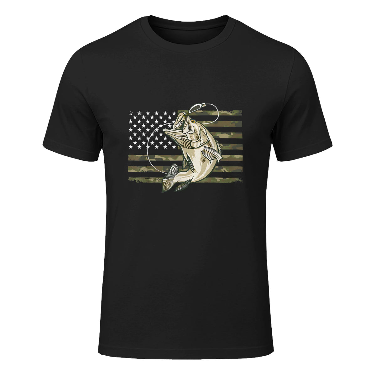 Fishing Camouflage US American Flag Bass Fish Fisherman Camo T-Shirt in Black - front view