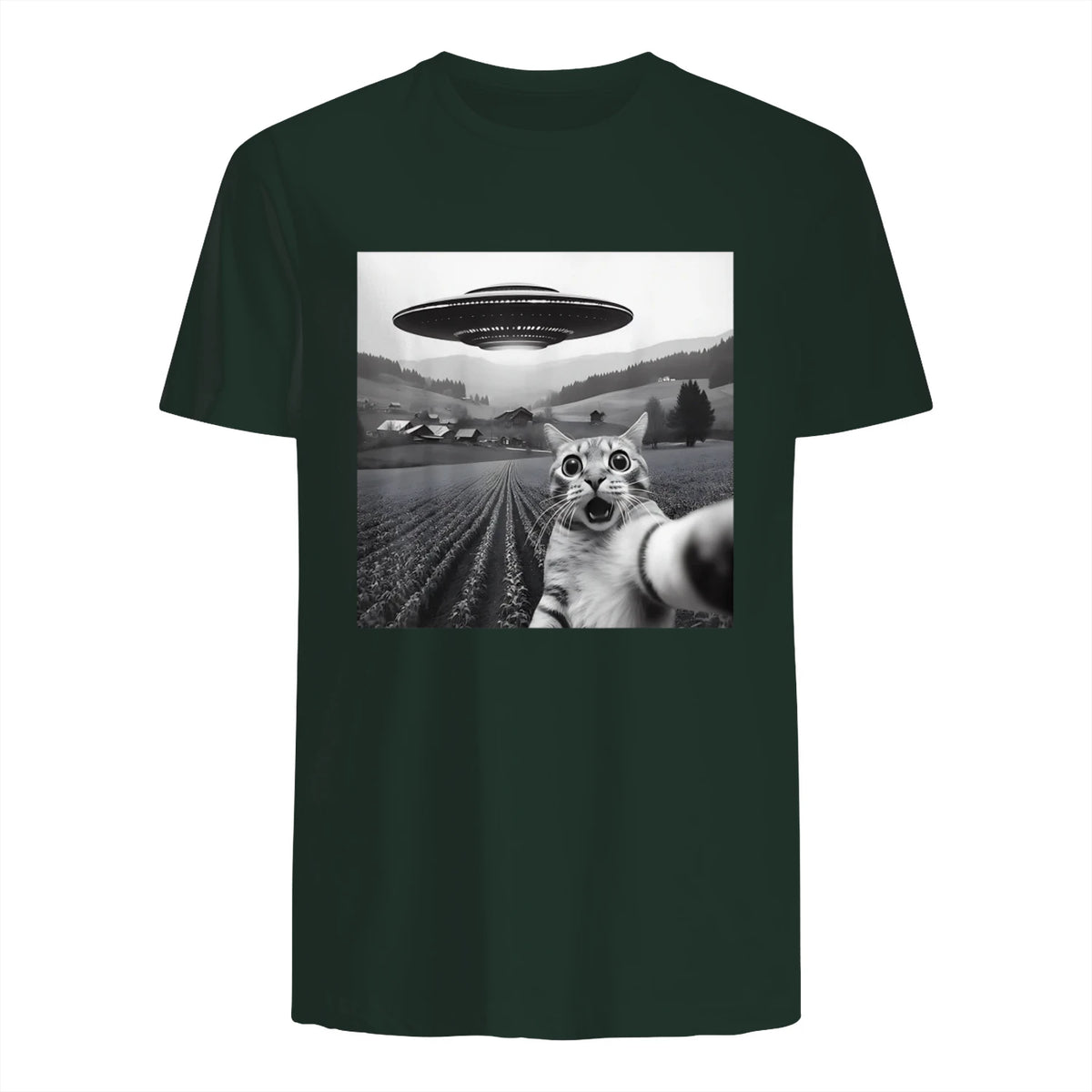 Cat Selfie With Alien UFO Funny Cat Gifts For Men Women Kid T-Shirt in Forest Green - back view
