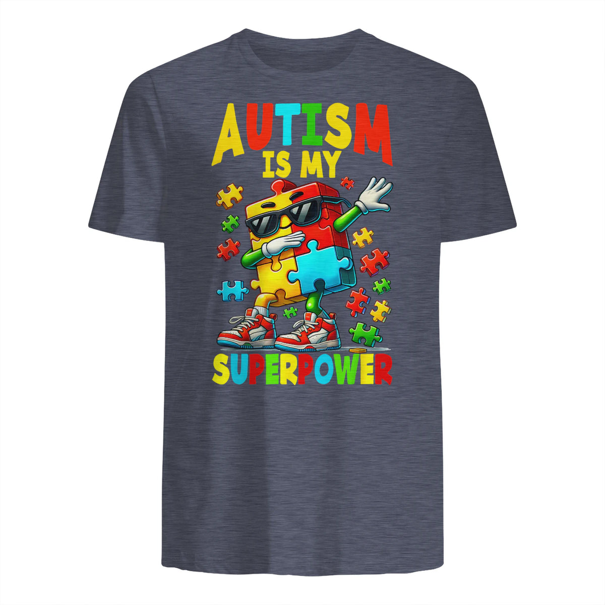 Puzzle Autism Awareness Autistic Support in Heather Navy - back view