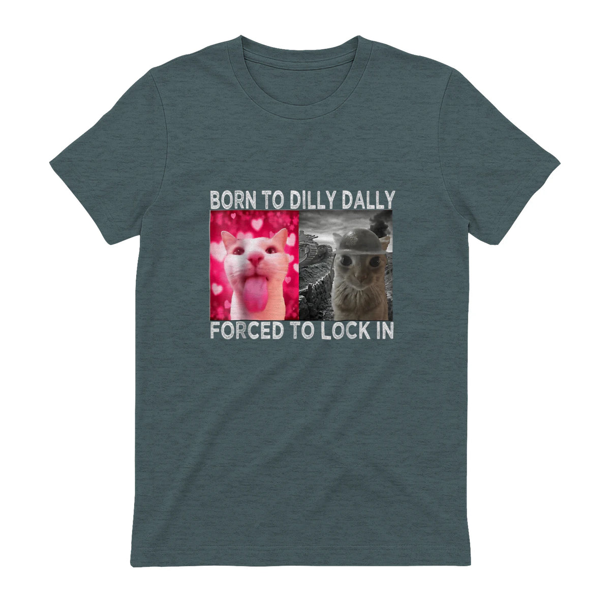 Born to Dilly Dally Forced to Lock in Cat Meme T-Shirt in Dark Heather - back view
