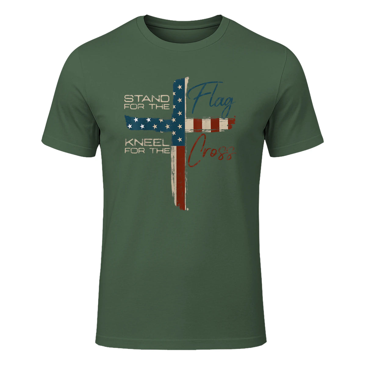 USA Flag Religious Quote Fourth of July Christian Faith T-Shirt in Military Green - front view