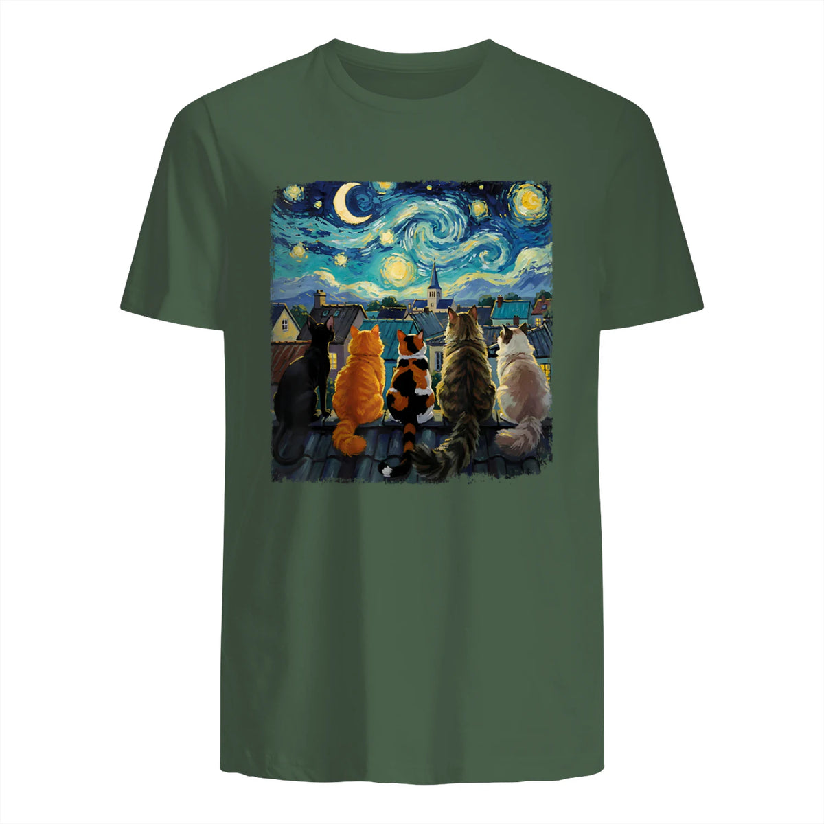 Funny Cat Starry Night Van Gogh Cats Rooftop Scene Feline T-Shirt in Military Green - back view