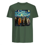 Funny Cat Starry Night Van Gogh Cats Rooftop Scene Feline T-Shirt in Military Green - back view