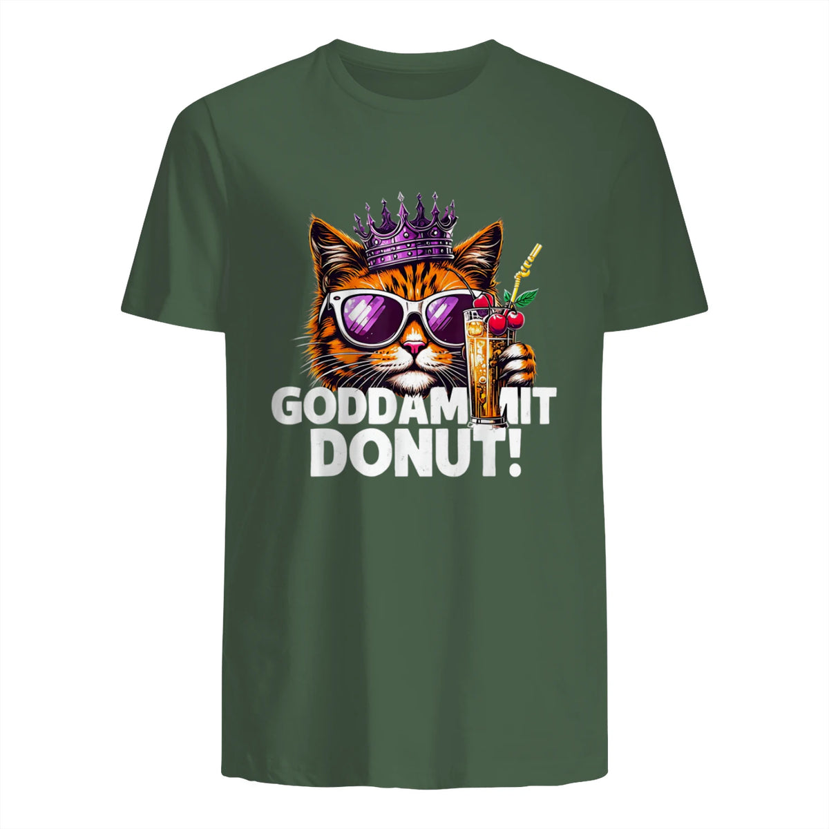 Donut Princess Cat Meme Tee – Kawaii Funny Cartoon Style T-Shirt in Military Green - back view