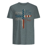 USA Flag Religious Quote Fourth of July Christian Faith T-Shirt in Dark Heather - back view