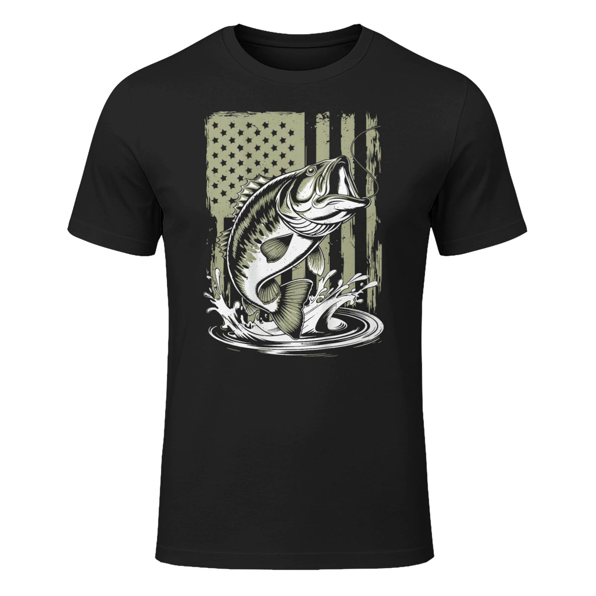 Fishing Camo Bass Fish American Flag Men's Fisherman Gift T-Shirt in Black - front view