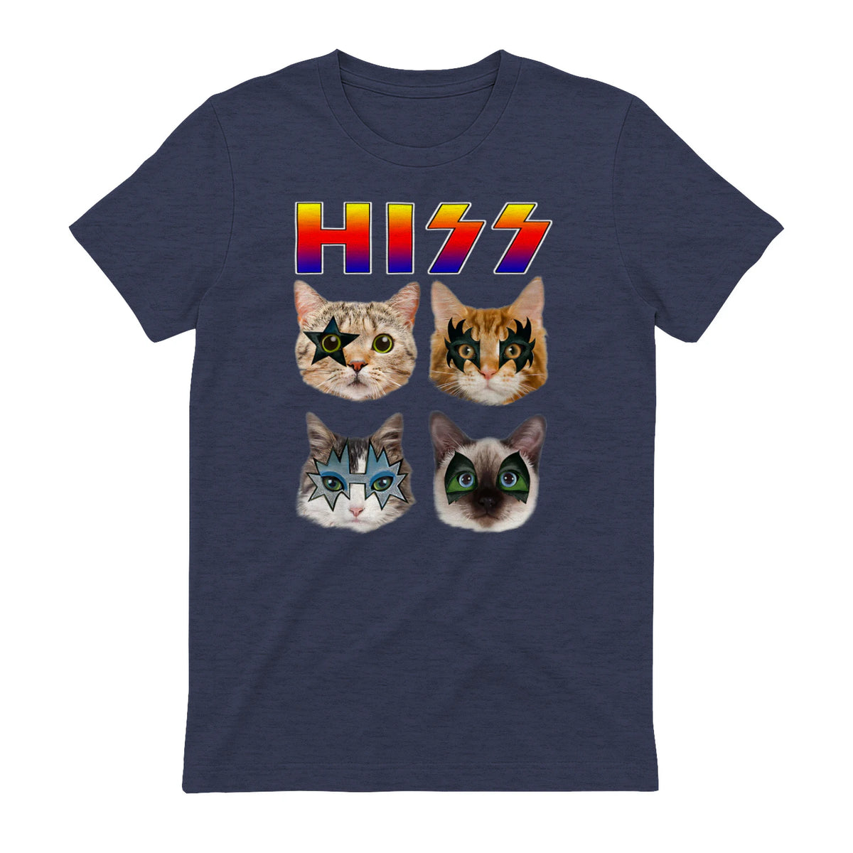 Funny Cat Hiss Rock and Roll For Cat Lover, Cat Dad, Cat mom T-Shirt in Heather Navy - back view