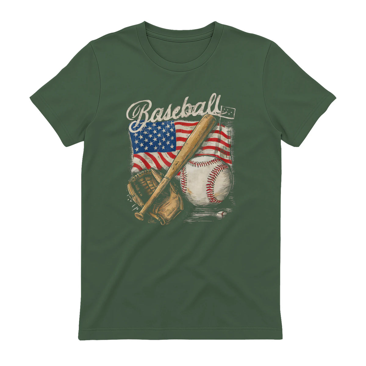 American Flag Baseball Player Bat Fan Catcher Pitcher USA T-Shirt in Military Green - back view