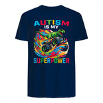 Autism is My Superpower Dino T Rex Monster Truck Kids Boys in Navy - back view