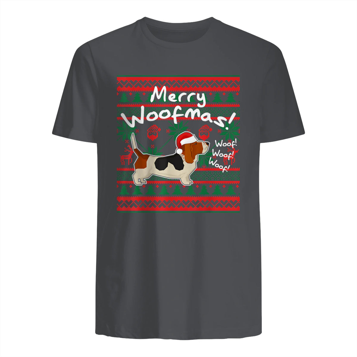 Basset Hound Chemise de Noël Merry Woofmas Père Noël Chien in Charcoal - back view