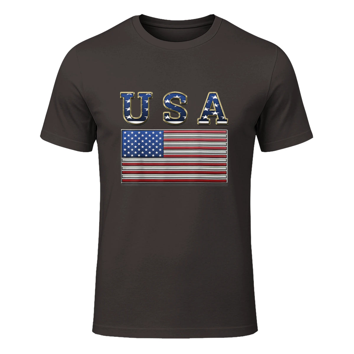USA American Flag United States US Patriotic T-Shirt in Dark Chocolate - front view